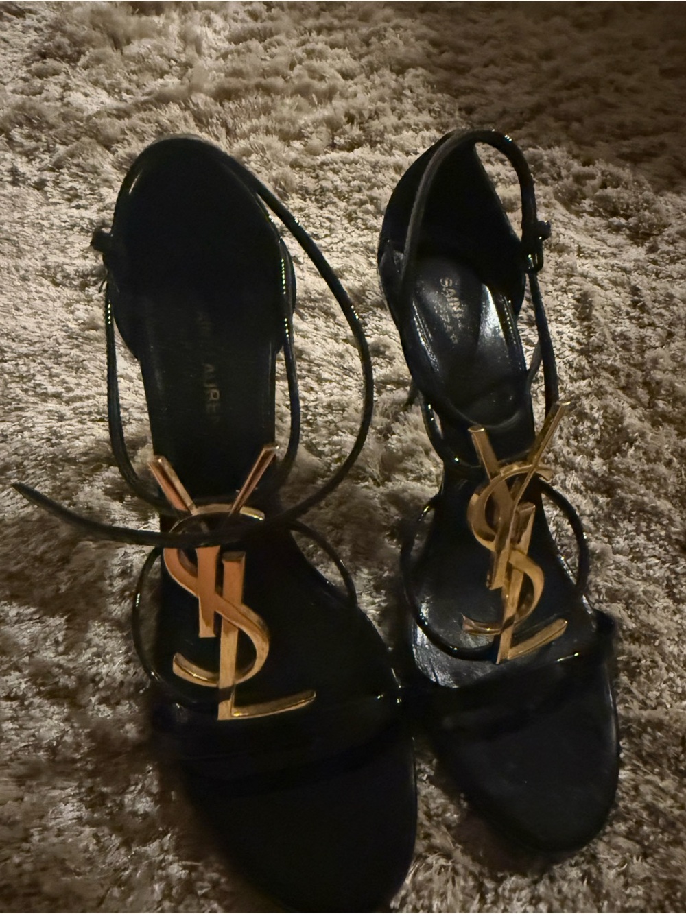 Saint Laurent Black Patent Leather Heeled Sandals with Gold YSL Monogram